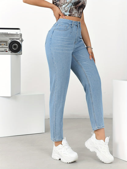 xieyinshe  Slant Pockets Casual Tapered Jeans, Washed Non-Stretch Mom Jeans, Women's Denim Jeans & Clothing