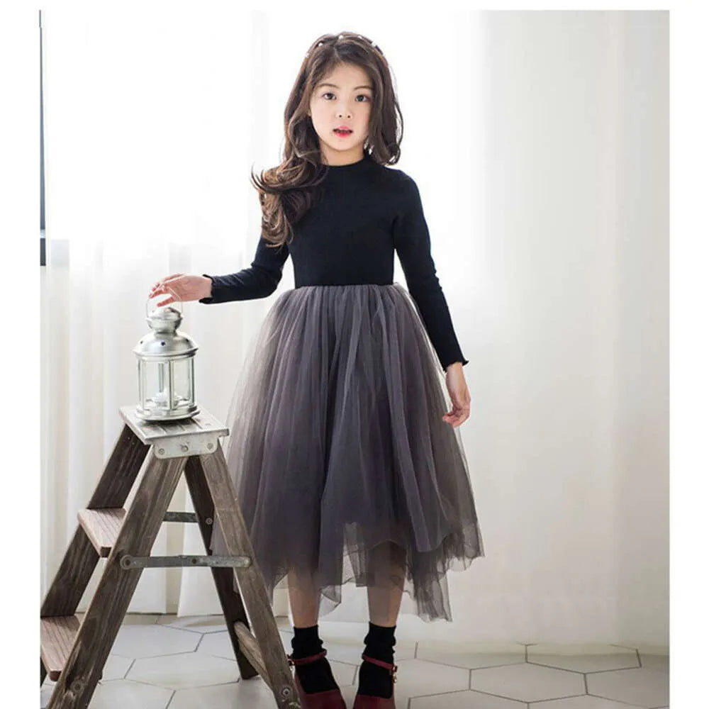 Girl  Spring Autumn Long Sleeve Dresses for Kids Lace Children Party Dress Teenager Princess Weddings Tulle Costume L2405