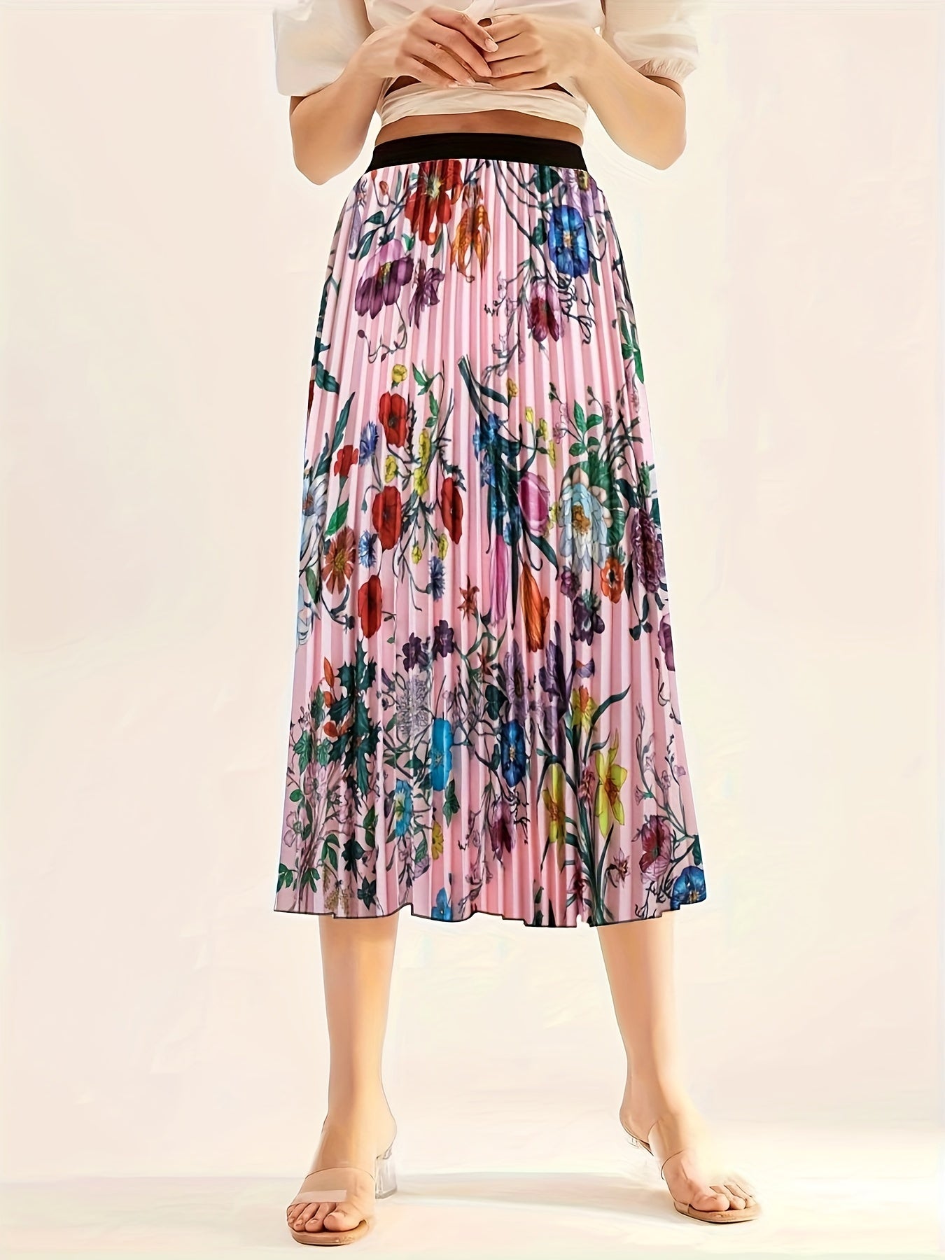 Plus Size Casual Skirt, Women's Plus Floral Print High Rise Pleated Midi Skirt