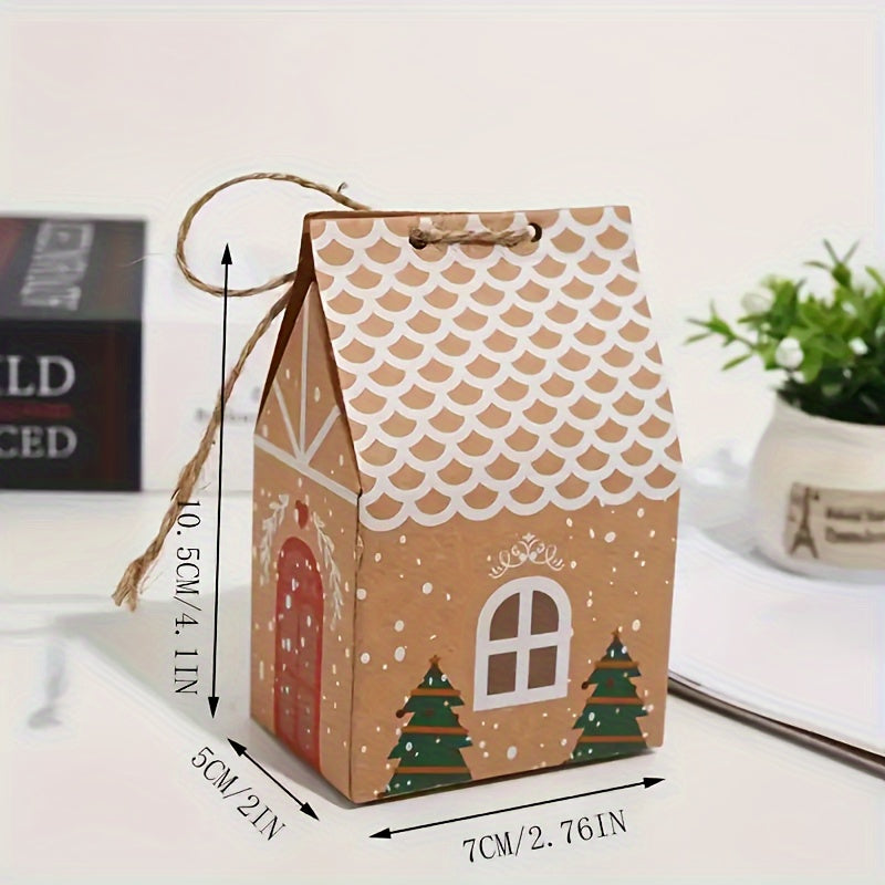 10pcs Festive Kraft Paper Gift Bags with Twine, Christmas Tree and Gingerbread House Design, Holiday Treat Packaging for Cookies and Candy