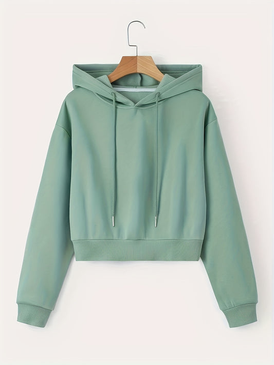 xieyinshe  Fashion Solid Color Lined Fleece Hooded Sweatshirts, Drawstring Crop Hoodie For Winter Autumn, Women's Sporty Sweatshirts