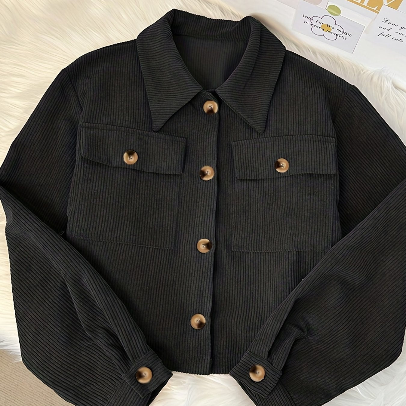 xieyinshe  Flap Pockets Corduroy Crop Jacket, Casual Long Sleeve Jacket For Fall & Winter, Women's Clothing