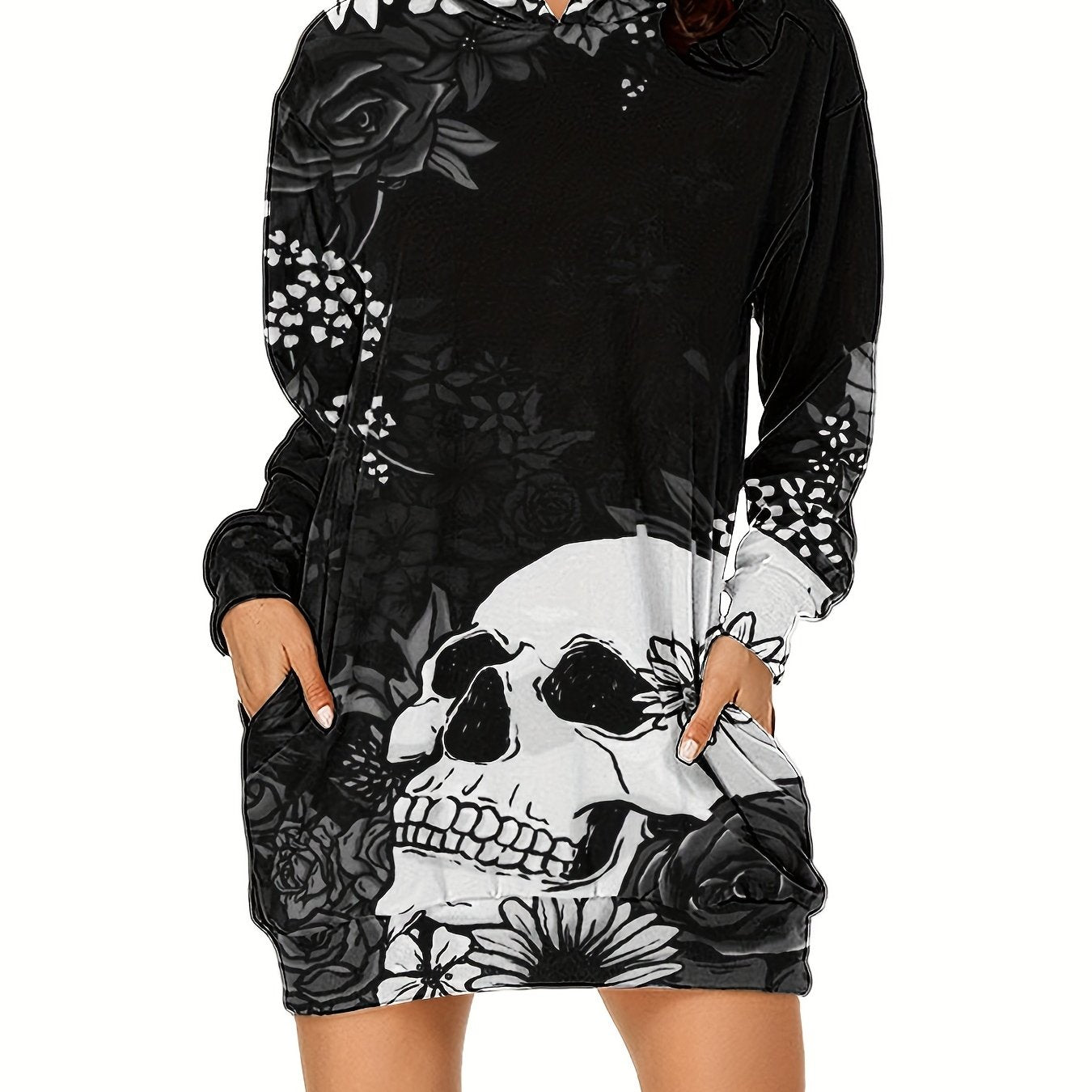 Skull & Flower Print Dress, Gothic Hooded Long Sleeve Mini Dress With Pockets, Women's Clothing