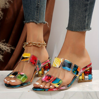 xieyinshe  Women's Colorful Chunky Heeled Sandals, Rhinestone Decor Slip On Open Toe Mid Heels, Stylish Daily Wear Sandals