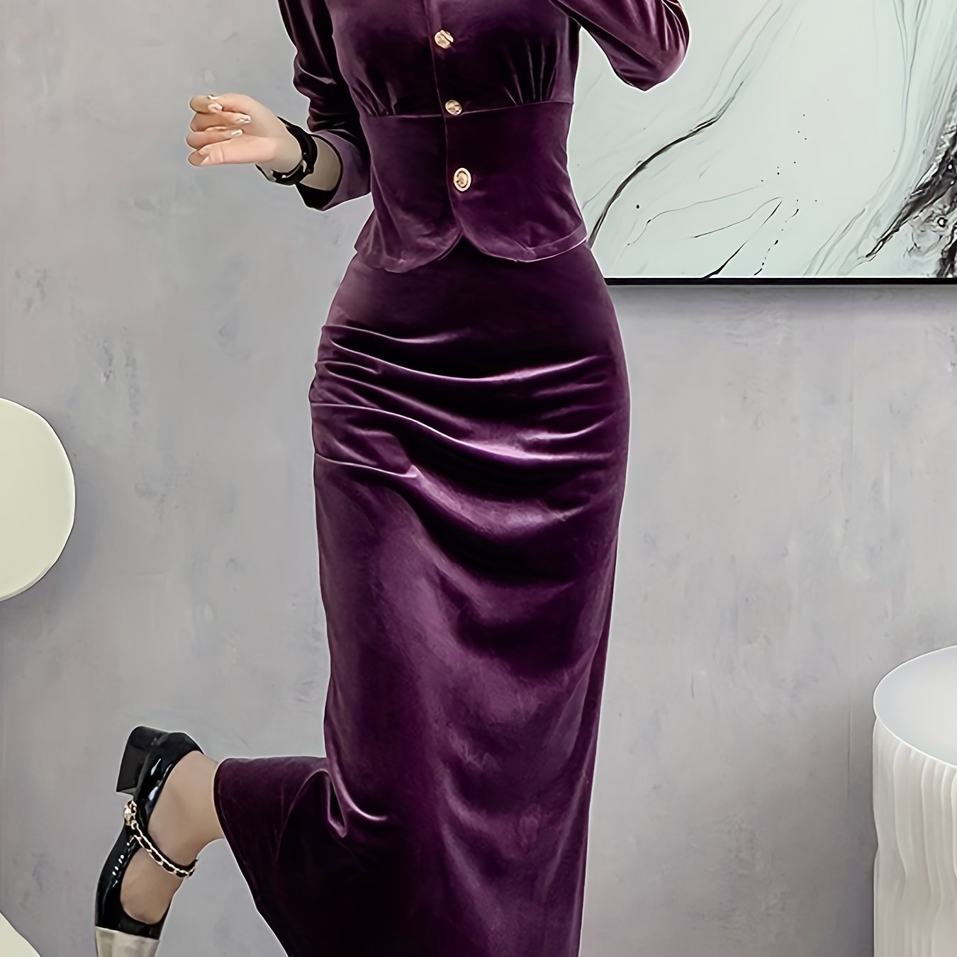 xieyinshe Solid Bodycon Two-piece Set, Button Front Long Sleeve Tops & High Waist Midi Skirts Outfits, Women's Clothing