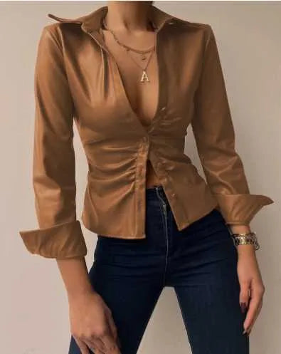 Women's Blouses Shirts  New Fashion Popular Spring Long Sleeve V-Neck PU Leather Splice Women's Shirt Women Y2303