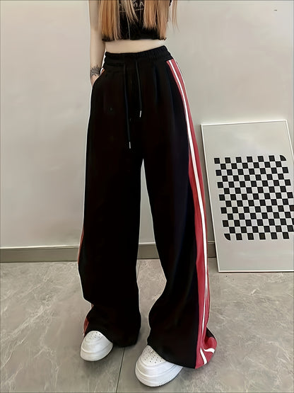 xieyinshe  Drawstring Side Contrast Pants, Y2K Casual Wide Leg Pants, Women's Clothing