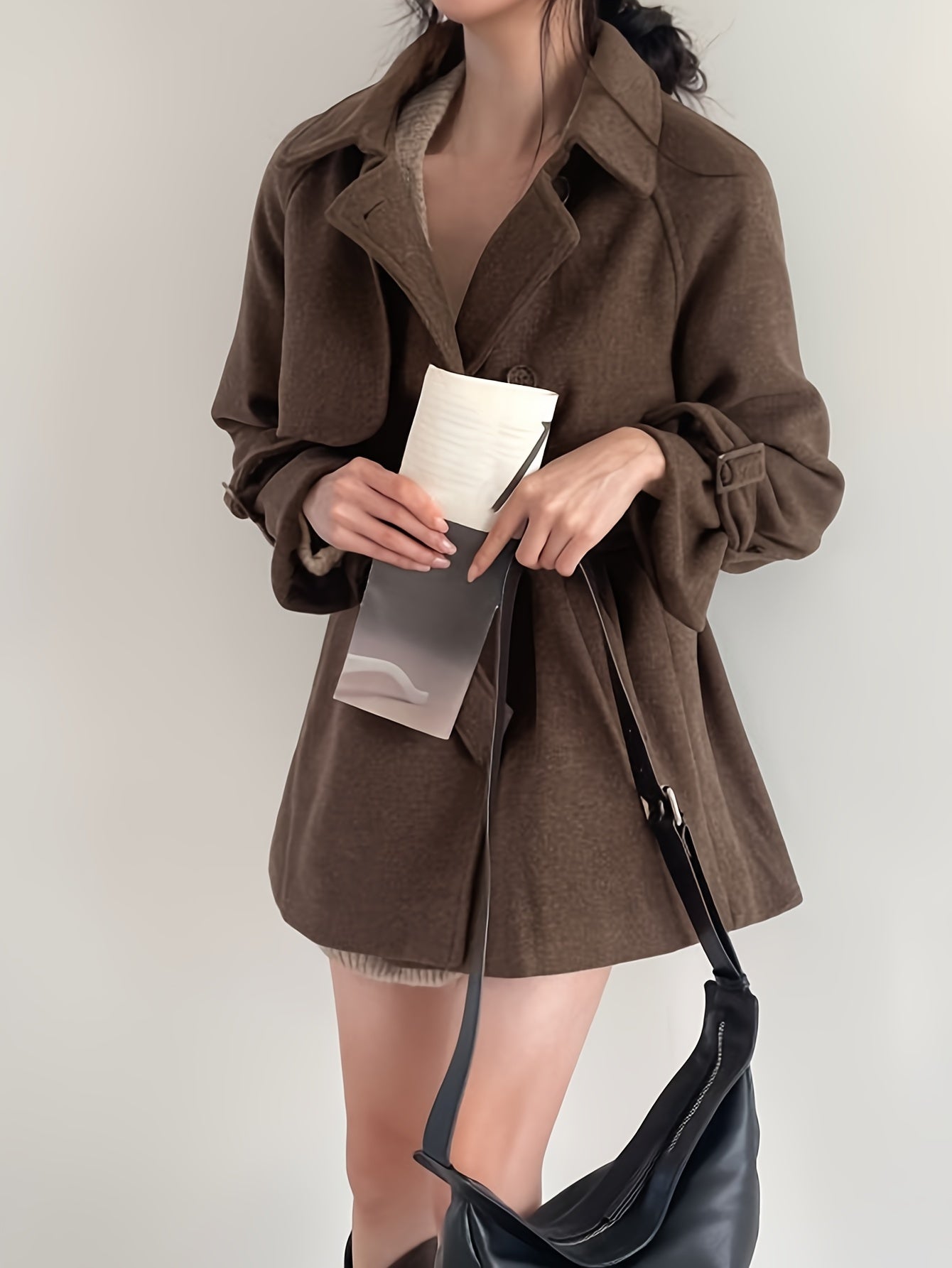 xieyinshe  Solid Lapel Belted Overcoat, Elegant Long Sleeve Winter Warm Outwear, Women's Clothing