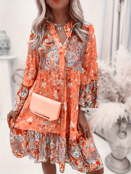 xieyinshe  Floral Print Ruffle Hem Dress, Boho Holiday Long Sleeve V-neck Dress, Women's Clothing