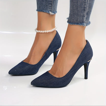 xieyinshe  Women's Blue Denim Stiletto Heels, Elegant Point Toe Dress Pumps, Fashion Slip On Heels