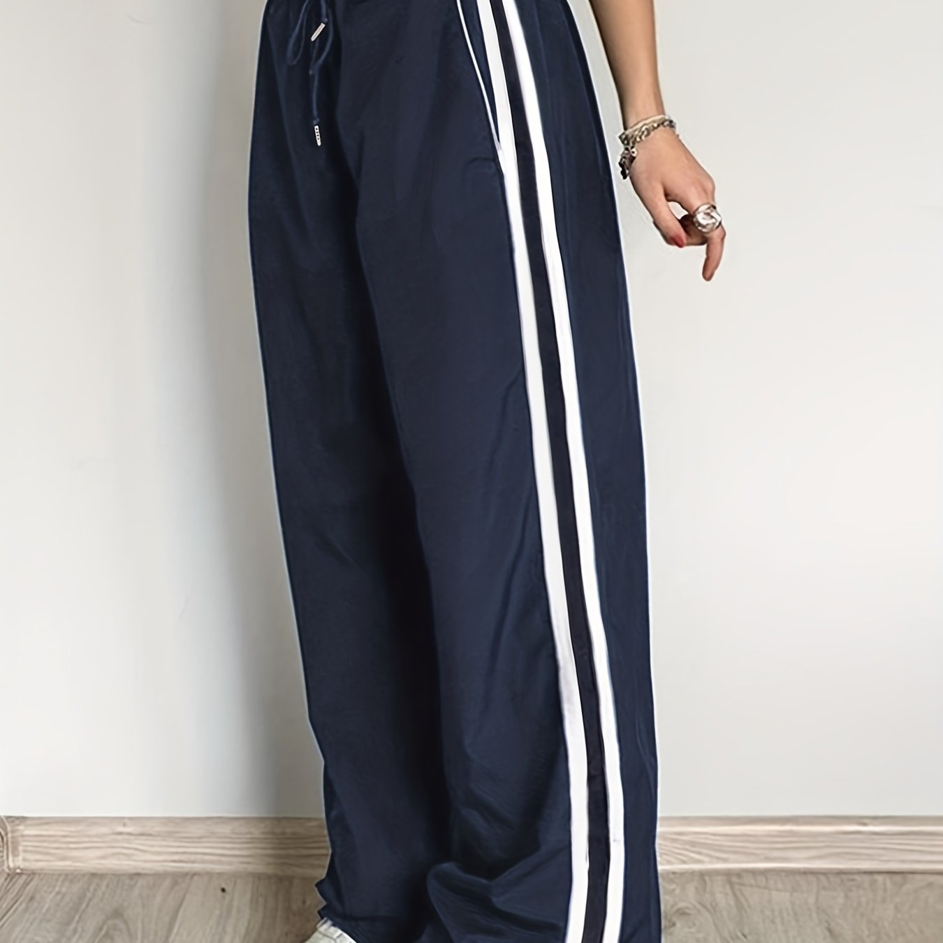 xieyinshe  Side Striped Wide Leg Pants, Casual Loose Drawstring Pants, Women's Clothing