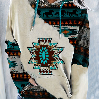 xieyinshe Aztec Pattern Hoodie, Casual Long Sleeve Drawstring Hoodie, Women's Clothing