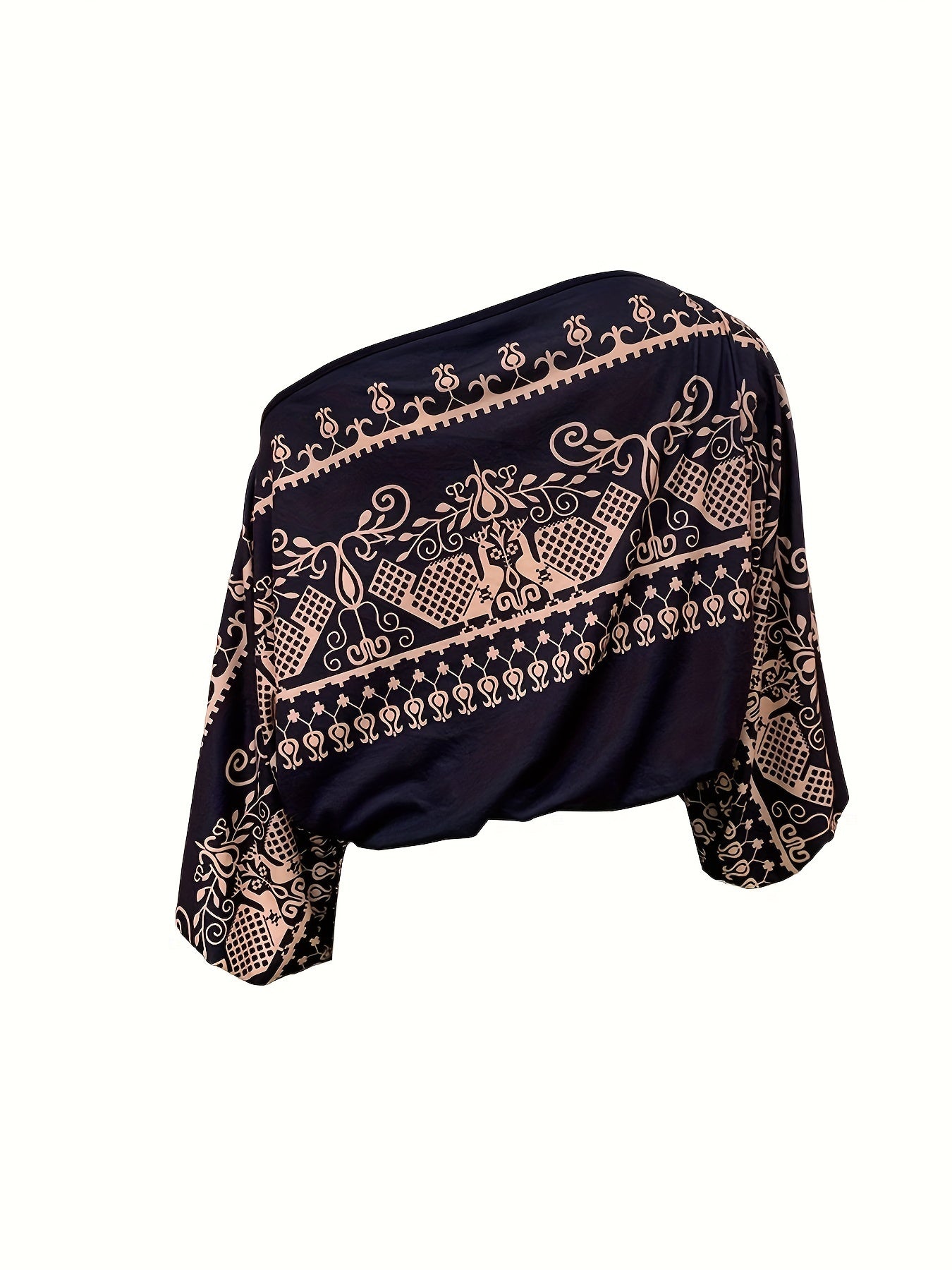 Ethnic Print Off Shoulder Blouse, Boho Batwing Sleeve Blouse For Spring & Fall, Women's Clothing