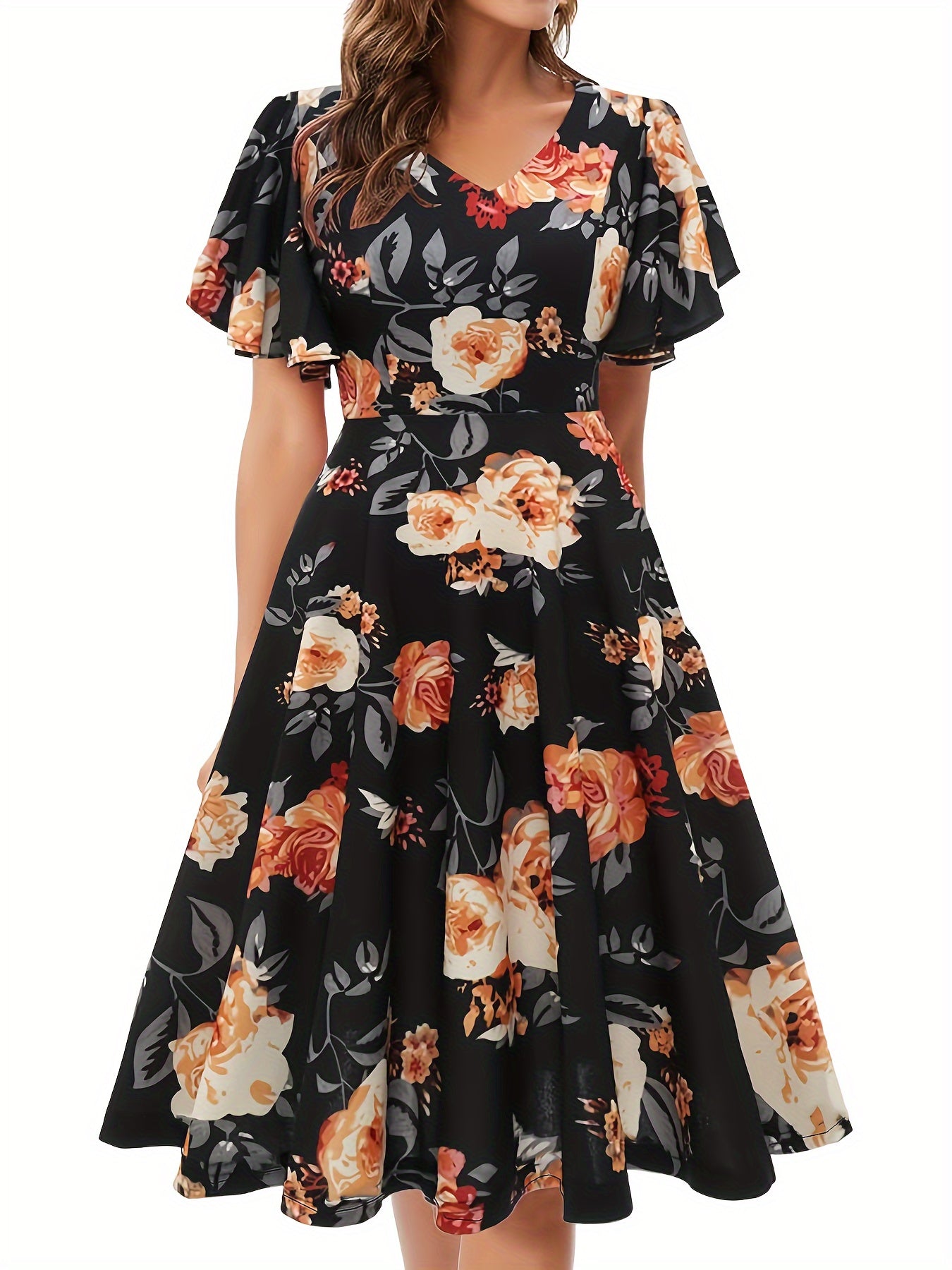 xieyinshe Floral Print Flutter Sleeve Dress, Casual V-neck Dress For Spring & Summer, Women's Clothing