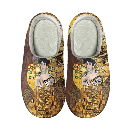 Flannel Cotton Slippers Oil Painting Kiss Gustav Klimt Winter Warm Round Toe Fuzzy Shoes Indoor Anti-slip Sandals Women  New