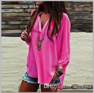 New Arrived Plus size blouses shirt 5XL-S Autumn Fashion Women's Long sleeve Blouse Shirts V-Neck Loose Fashion Chiffon Shirts blouse