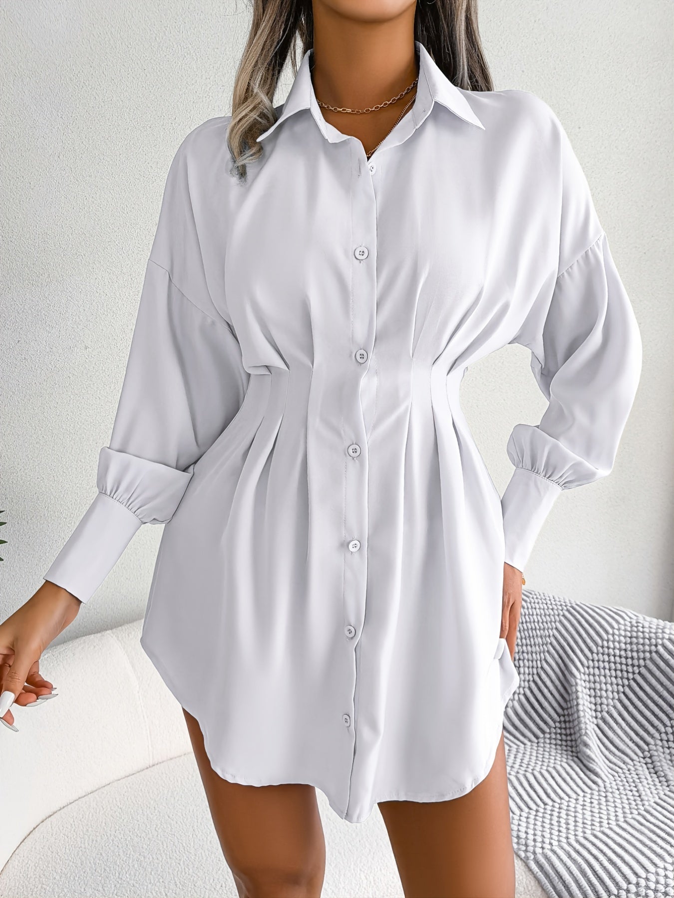 xieyinshe Lantern Sleeve Pleated Waist Dress, Casual Shirt Dress For Spring & Fall, Women's Clothing