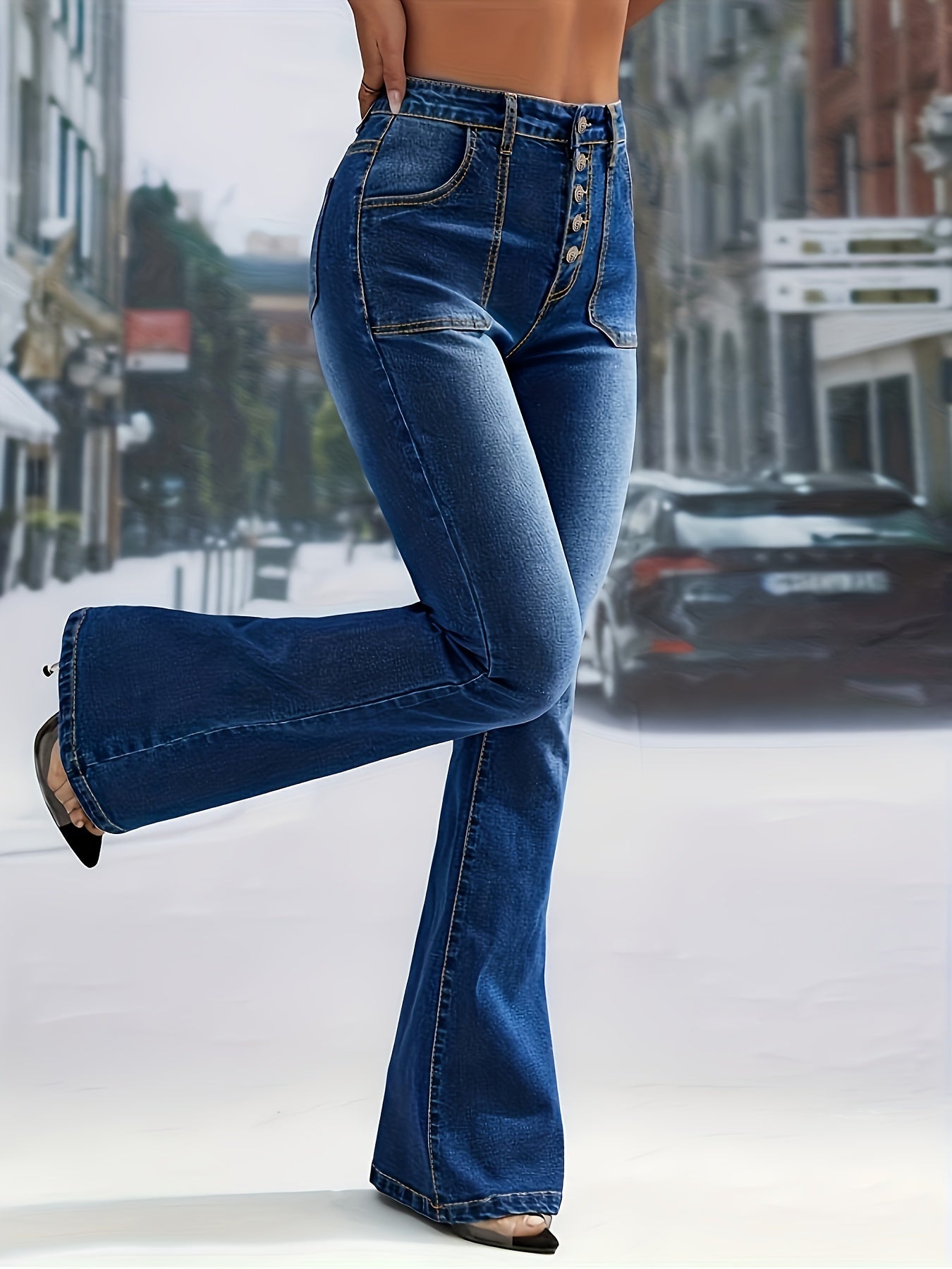 xieyinshe Single-breasted High Rise Flare Leg Jeans, Washed Slash Pocket Elegant Bell Bottom Denim Pants, Women's Denim Jeans & Clothing