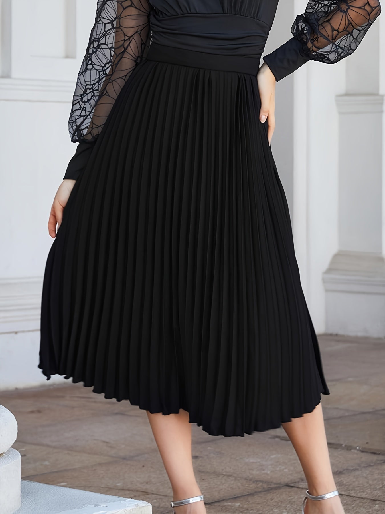 Elastic Waist Pleated Skirt, Casual Solid Skirt For Spring & Summer, Women's Clothing