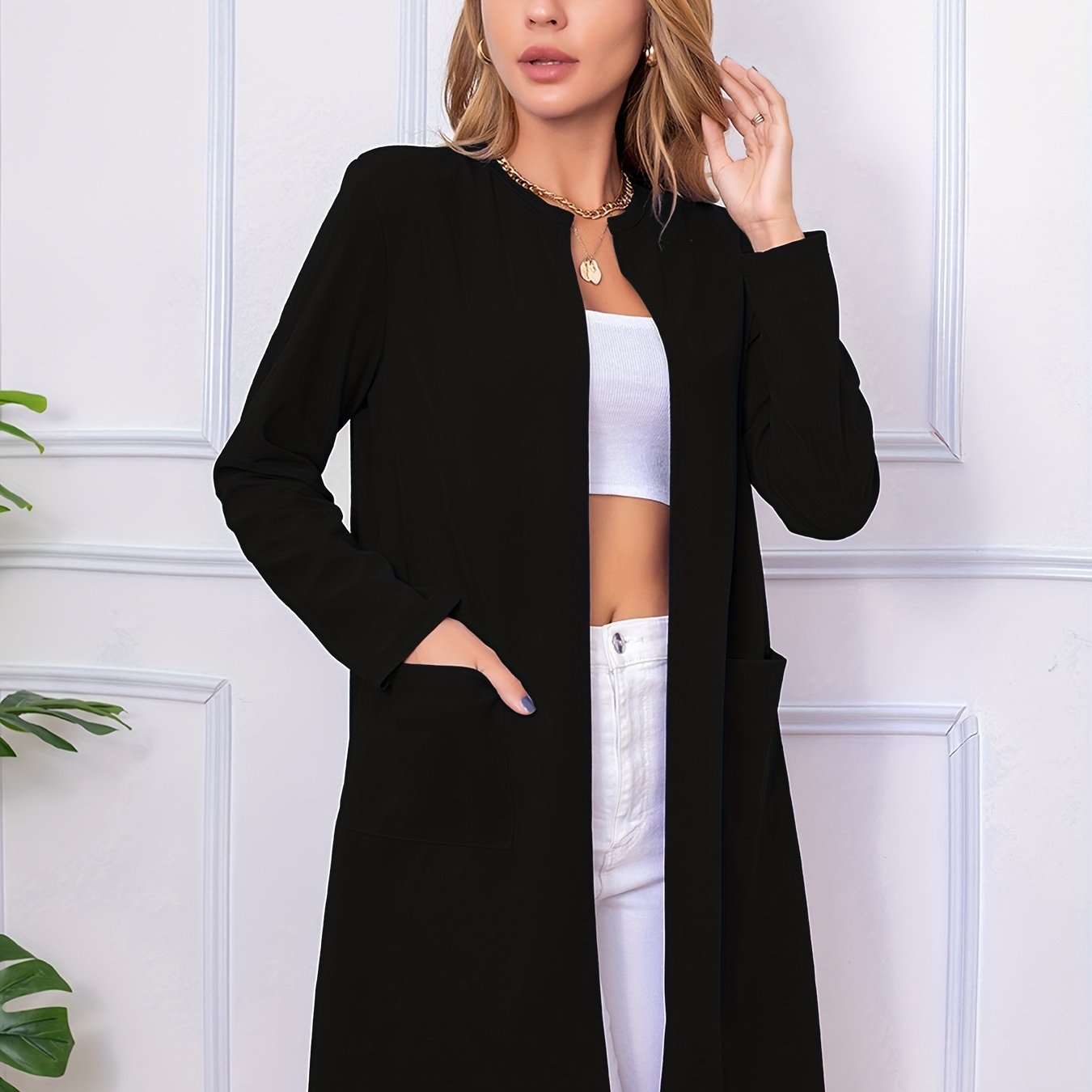 xieyinshe Long Length Open Front Coat, Casual Long Sleeve Solid Outerwear, Women's Clothing