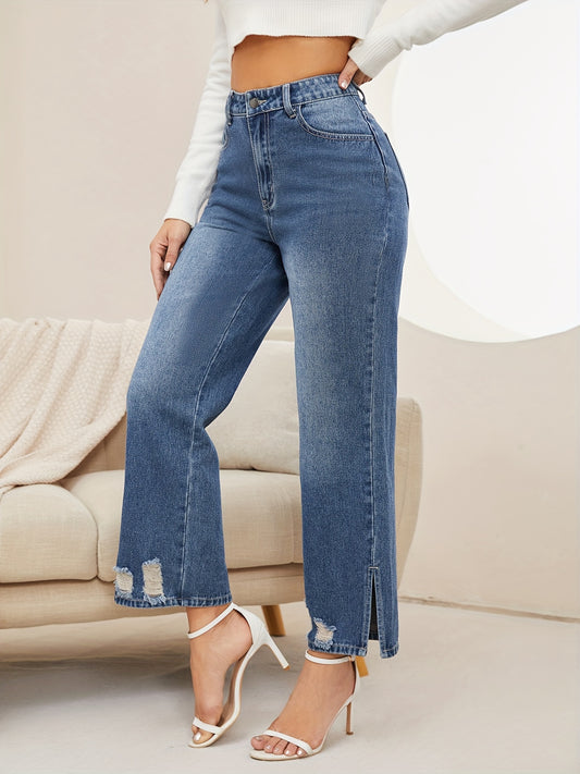 xieyinshe  Ripped Holes Washed Straight Jeans, Loose Fit Non-Stretch Split Denim Pants, Women's Denim Jeans & Clothing