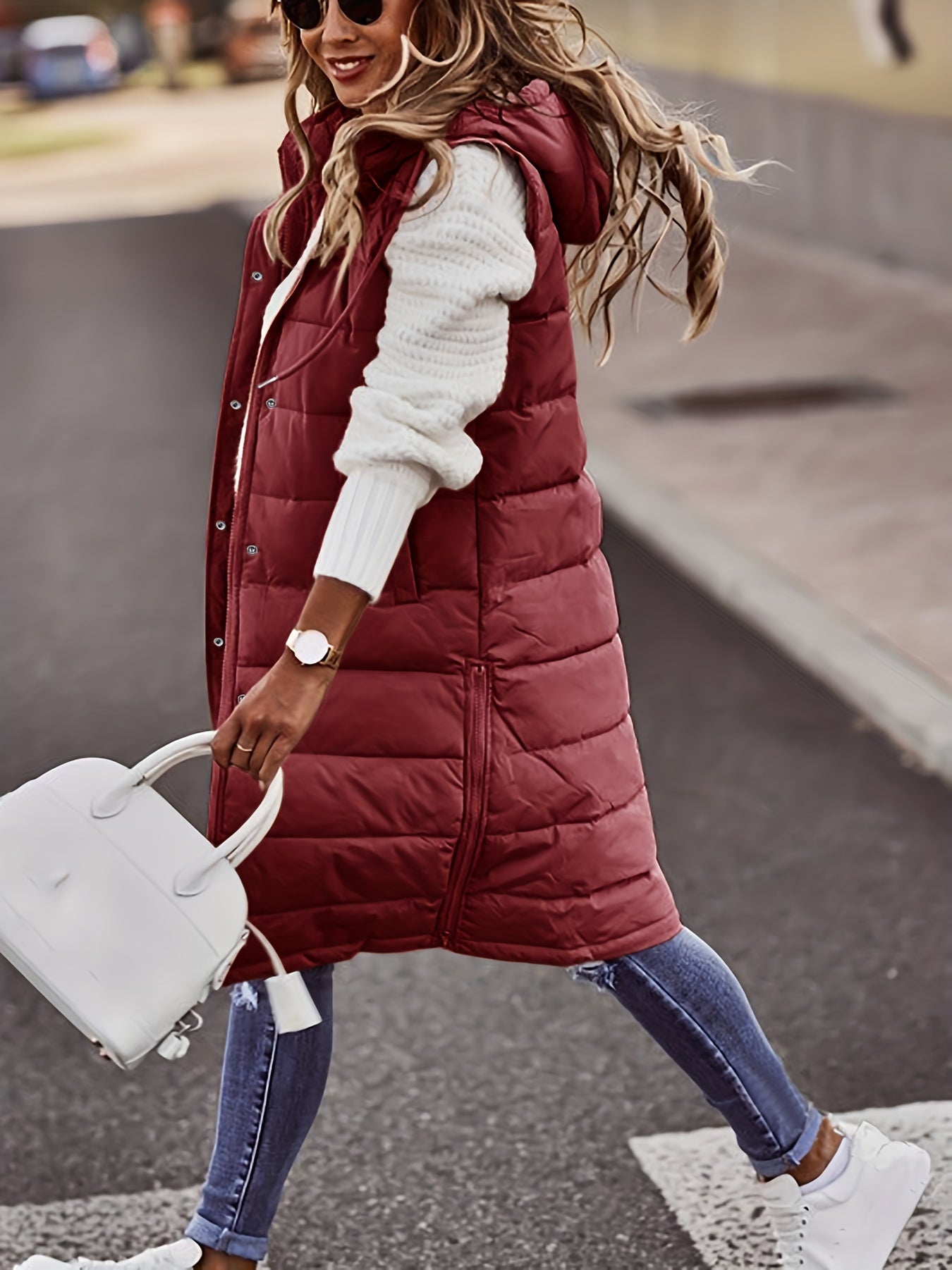 Hooded Sleeveless Coat, Casual Long Length Versatile Winter Warm Outerwear, Women's Clothing