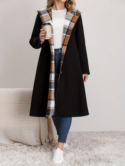 xieyinshe  Plus Size Elegant Coat, Women's Plus Colorblock Plaid Print Button Up Long Sleeve Hoodie Longline Woolen Coat