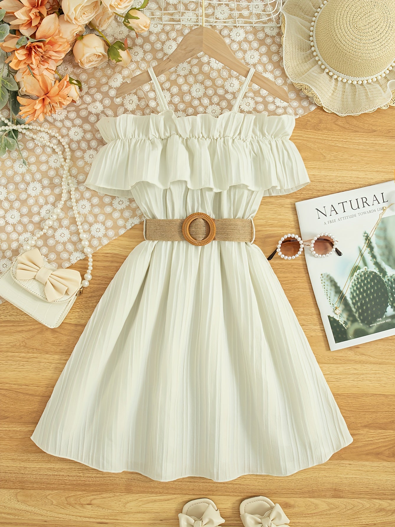 xieyinshe  Elegant Girls Solid Ruffle Trim Belted Dress Casual Dresses For Summer Party Gift Holiday