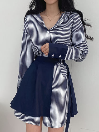 xieyinshe Stripe Print Button Front Wrap Dress, Stylish Cuff Sleeve Lapel A-line Dress, Women's Clothing