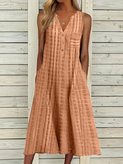 Striped Notched Neck Button Front Dress, Boho Sleeveless Dress For Spring & Summer, Women's Clothing