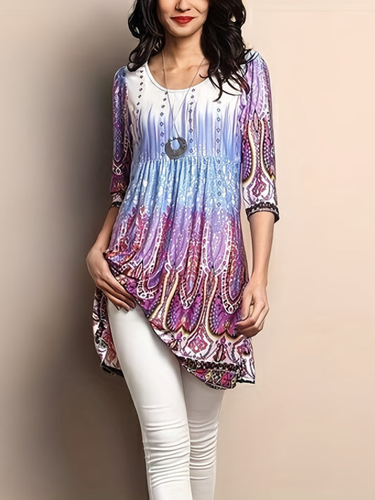 Ethnic Print 3/4 Sleeve Dress, Casual Crew Neck Ruched Mini Dress, Women's Clothing