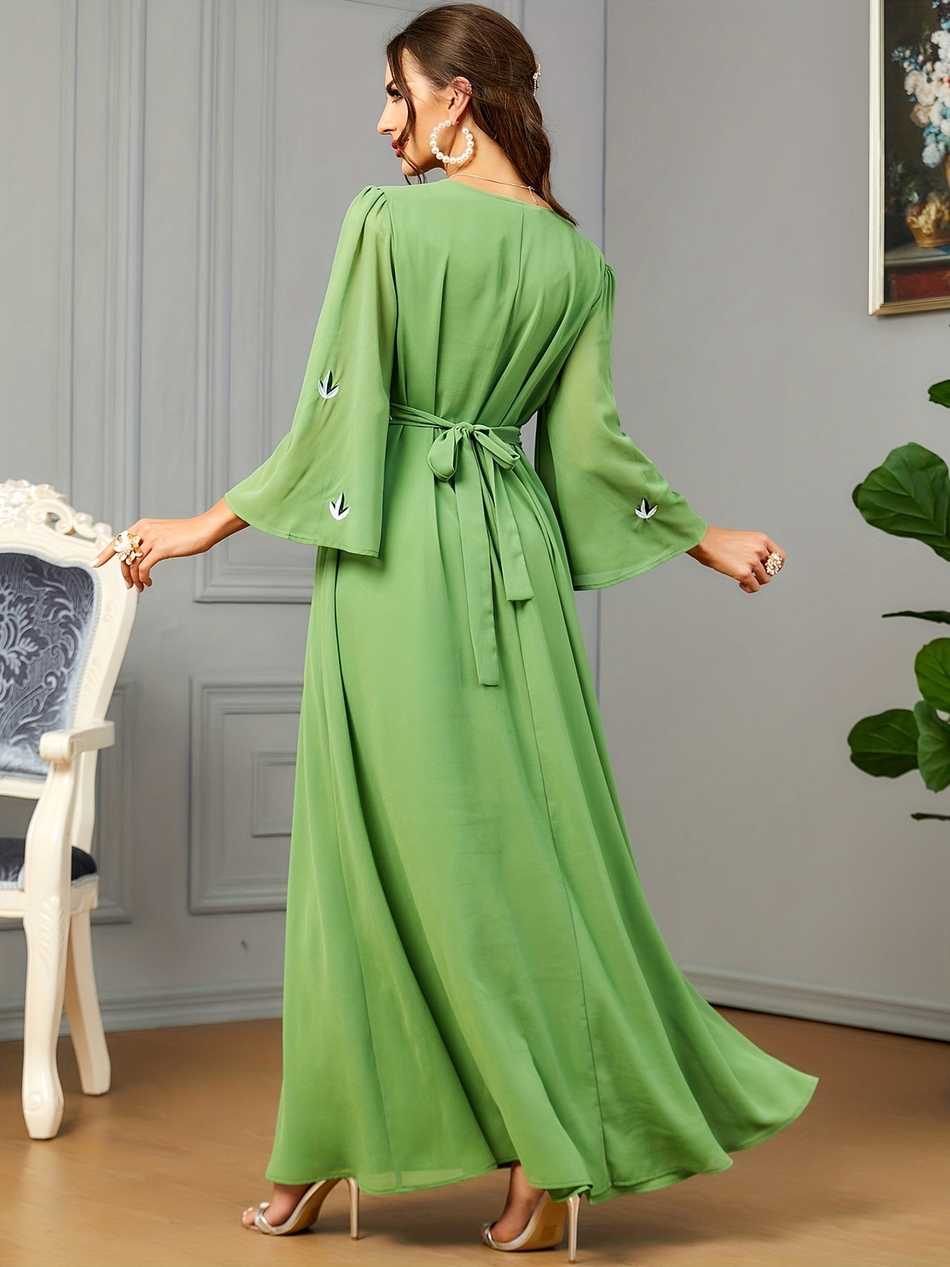 Floral Embroidered V Neck Belted Dress, Elegant Bell Sleeve Maxi Dress, Women's Clothing