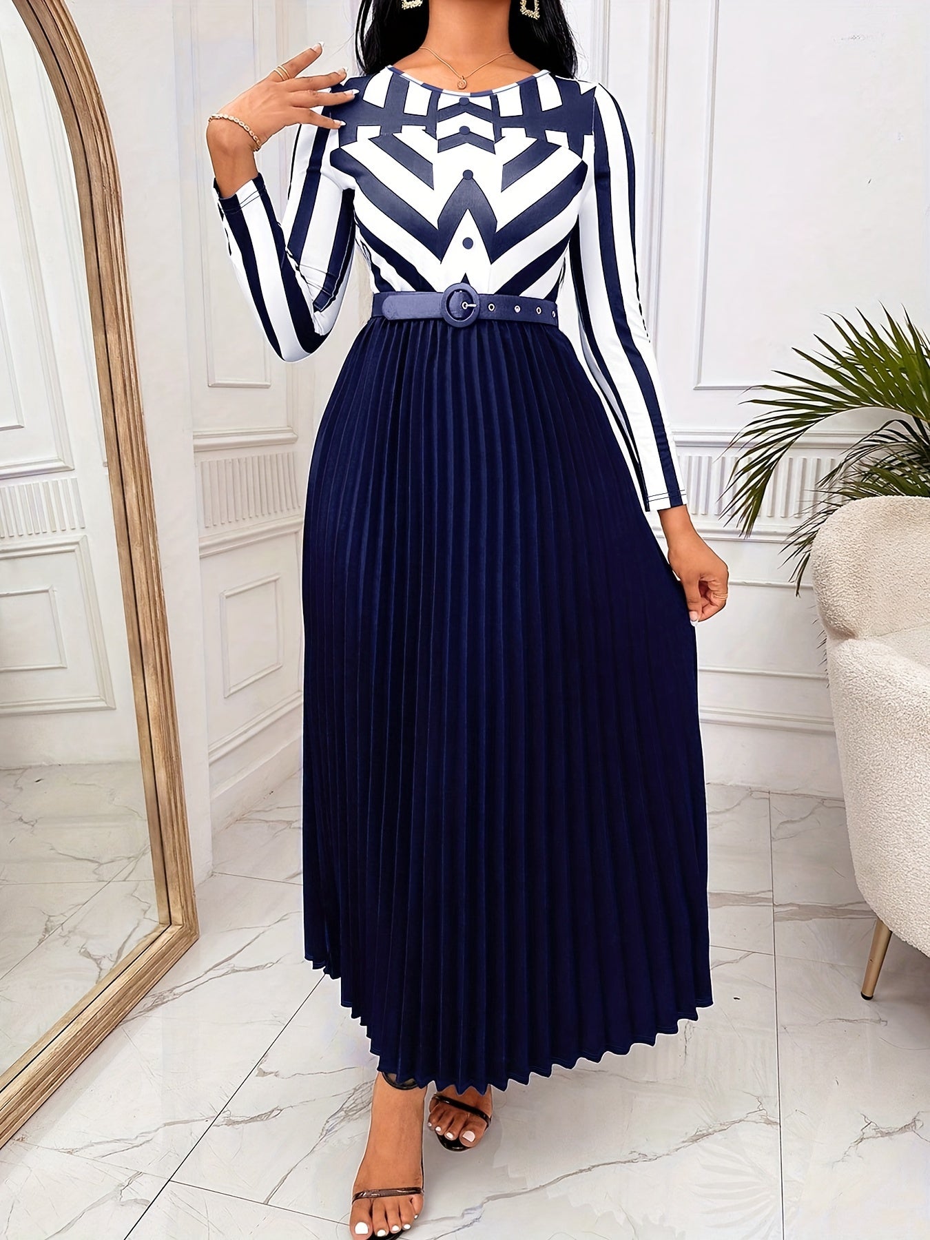 xieyinshe  Graphic Print Splicing Belted Dress, Elegant Pleated Long Sleeve Dress For Spring & Fall, Women's Clothing