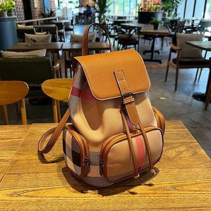 Fashionable Genuine Leather Backpack: Plaid Pattern, Trendy Travel Bag with Large Capacity