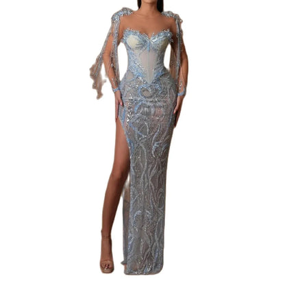 Sexy Mermaid Evening Dresses Illusion High Split Sequins Lace Prom Birthday Party Prom Gowns Second Reception Dress