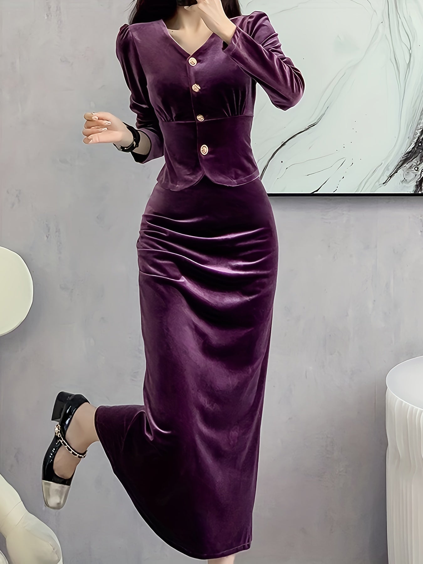 xieyinshe Solid Bodycon Two-piece Set, Button Front Long Sleeve Tops & High Waist Midi Skirts Outfits, Women's Clothing