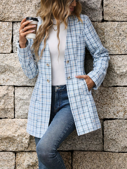 xieyinshe  Plaid Print Button Front Coat, Elegant Long Sleeve V Neck Tunic Jacket For Fall & Winter, Women's Clothing