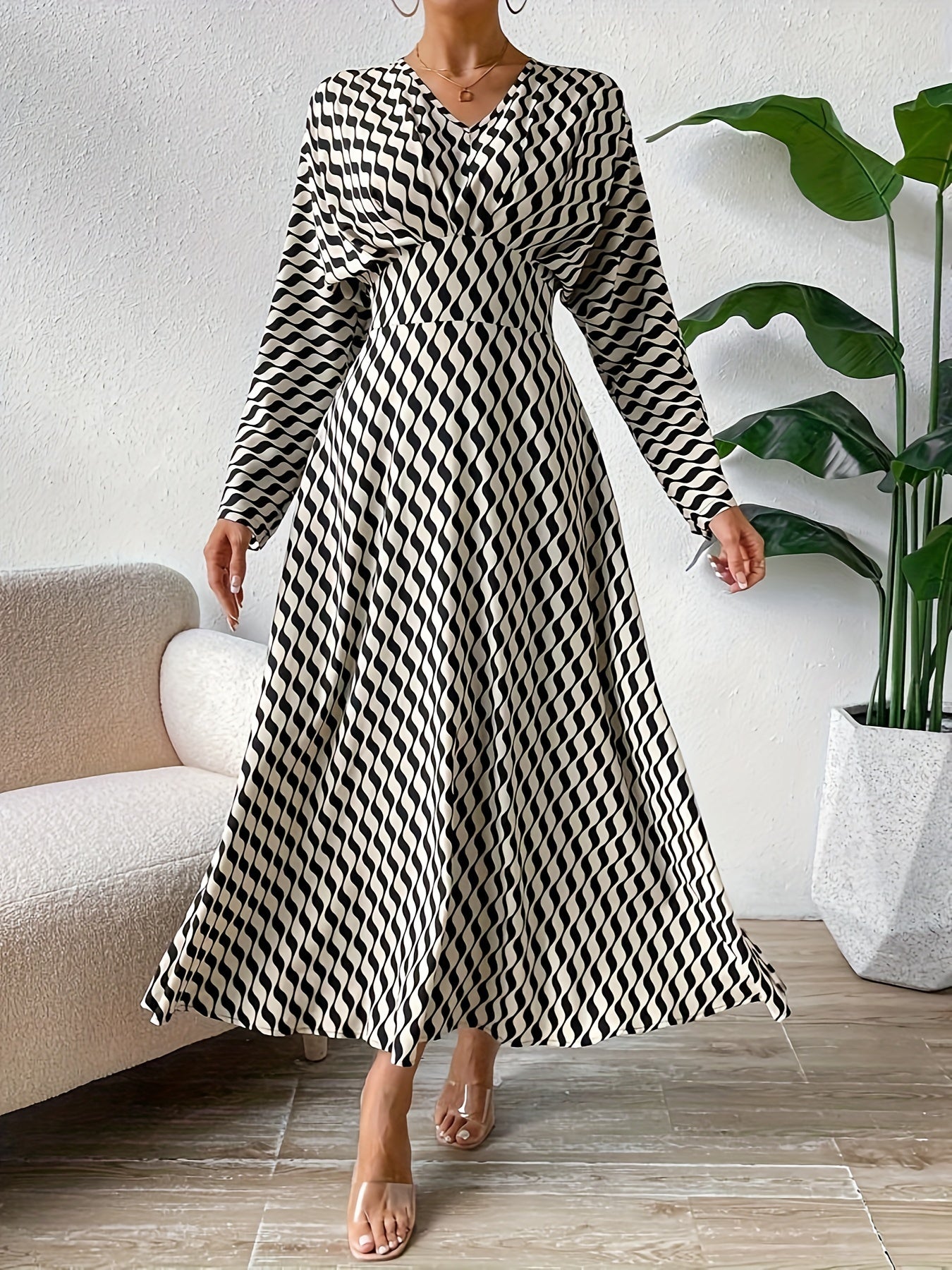 xieyinshe Striped Print High Waist Dress, Casual V Neck Long Sleeve Maxi Dress, Women's Clothing