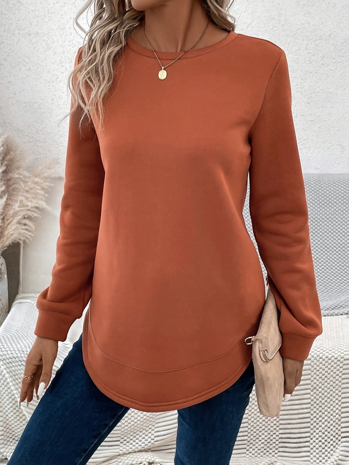 xieyinshe  Solid Color Pullover Sweatshirt, Casual Long Sleeve Crew Neck Sweatshirt, Women's Clothing