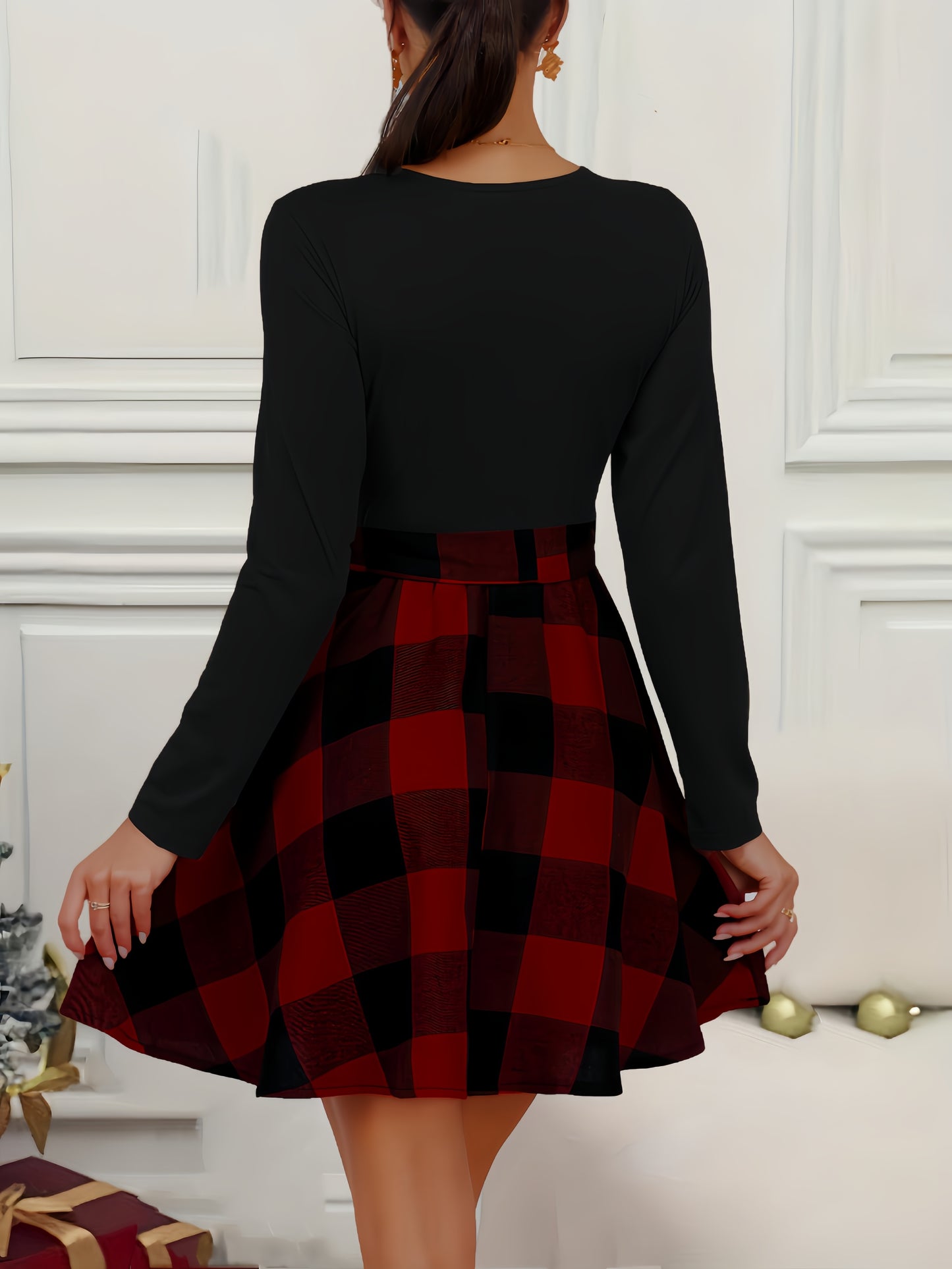 xieyinshe  Plaid Color Block Dress, Elegant Crew Neck Long Sleeve Belted Dress, Women's Clothing