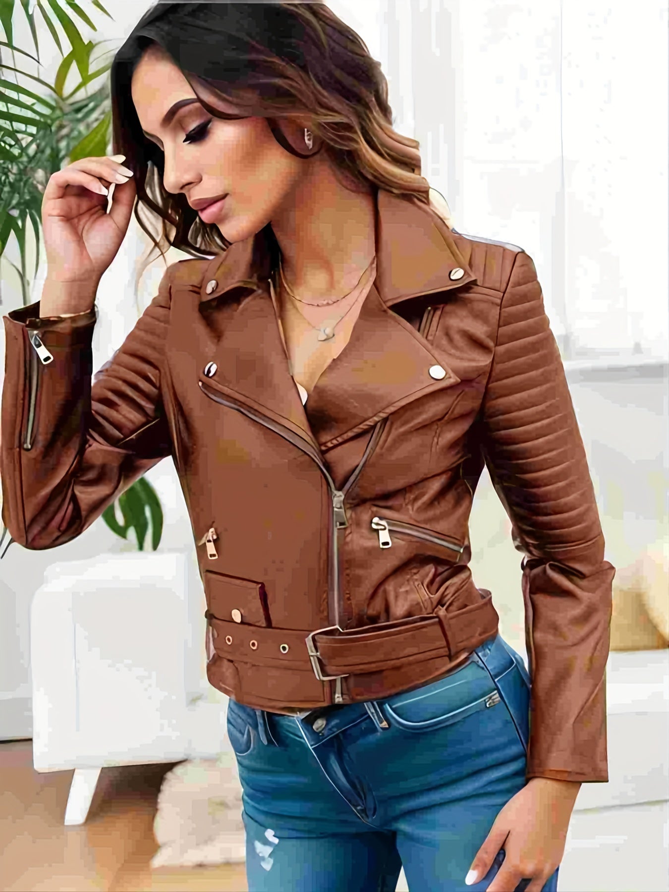 xieyinshe  Solid Leather Biker Jacket, Streetwear Long Sleeve Zipper Outerwear, Women's Clothing