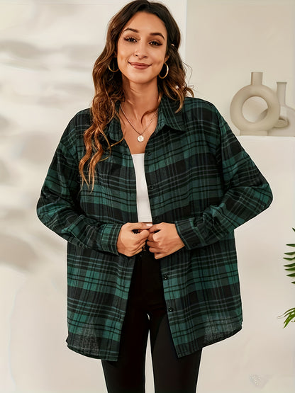 Plaid Button Front Shirt, Versatile Drop Shoulder Shirt For Spring & Fall, Women's Clothing