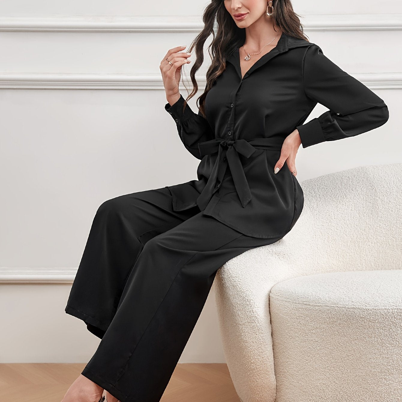 xieyinshe  Casual Solid Two-piece Set, Polo Collar Tie Waist Long Sleeve Top & Wide Leg Pants Outfits, Women's Clothing