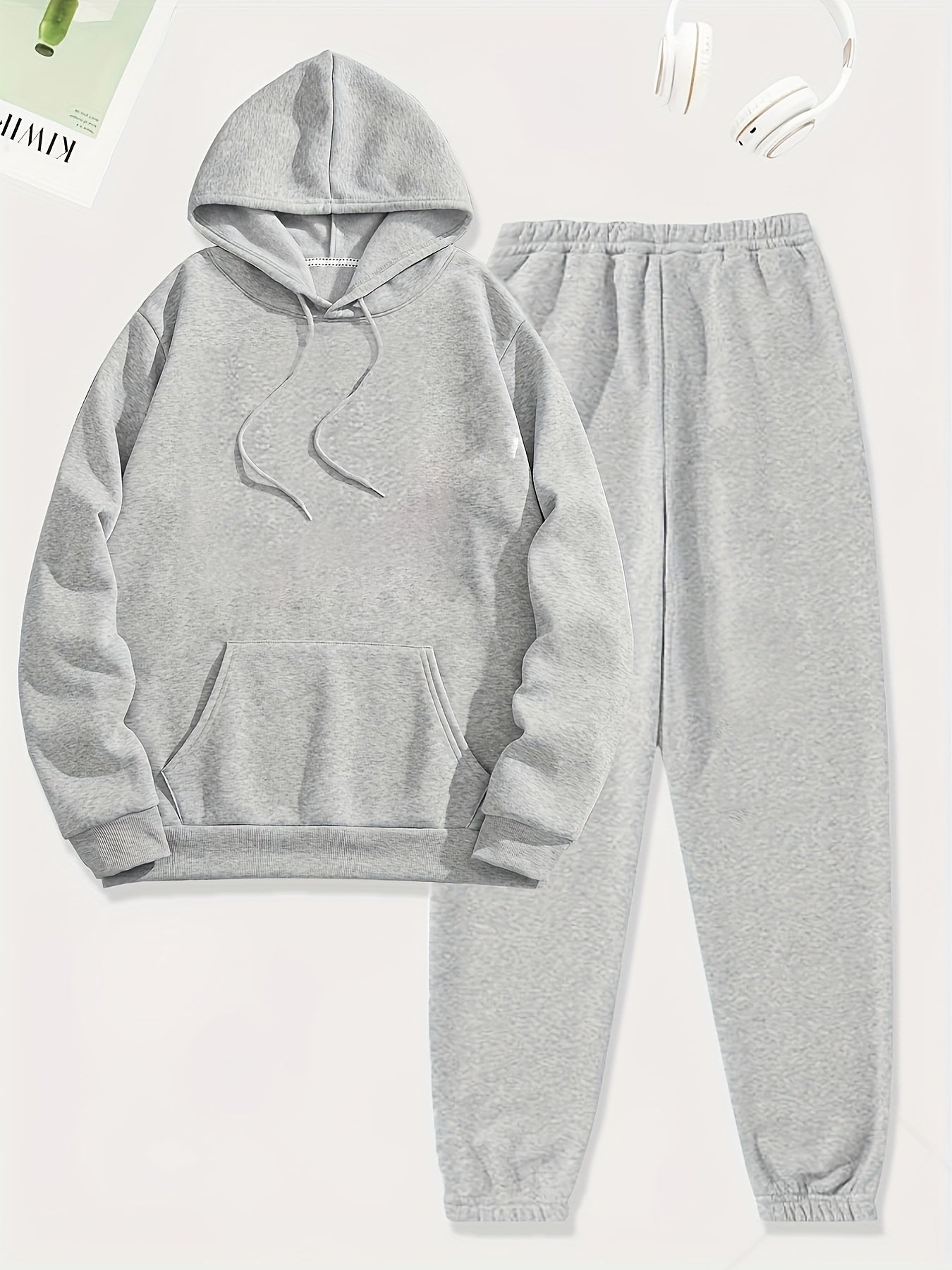 Solid Casual Two-piece Set, Drawstring Long Sleeve Hoodies & Workout Jogger Pants Outfits, Women's Clothing