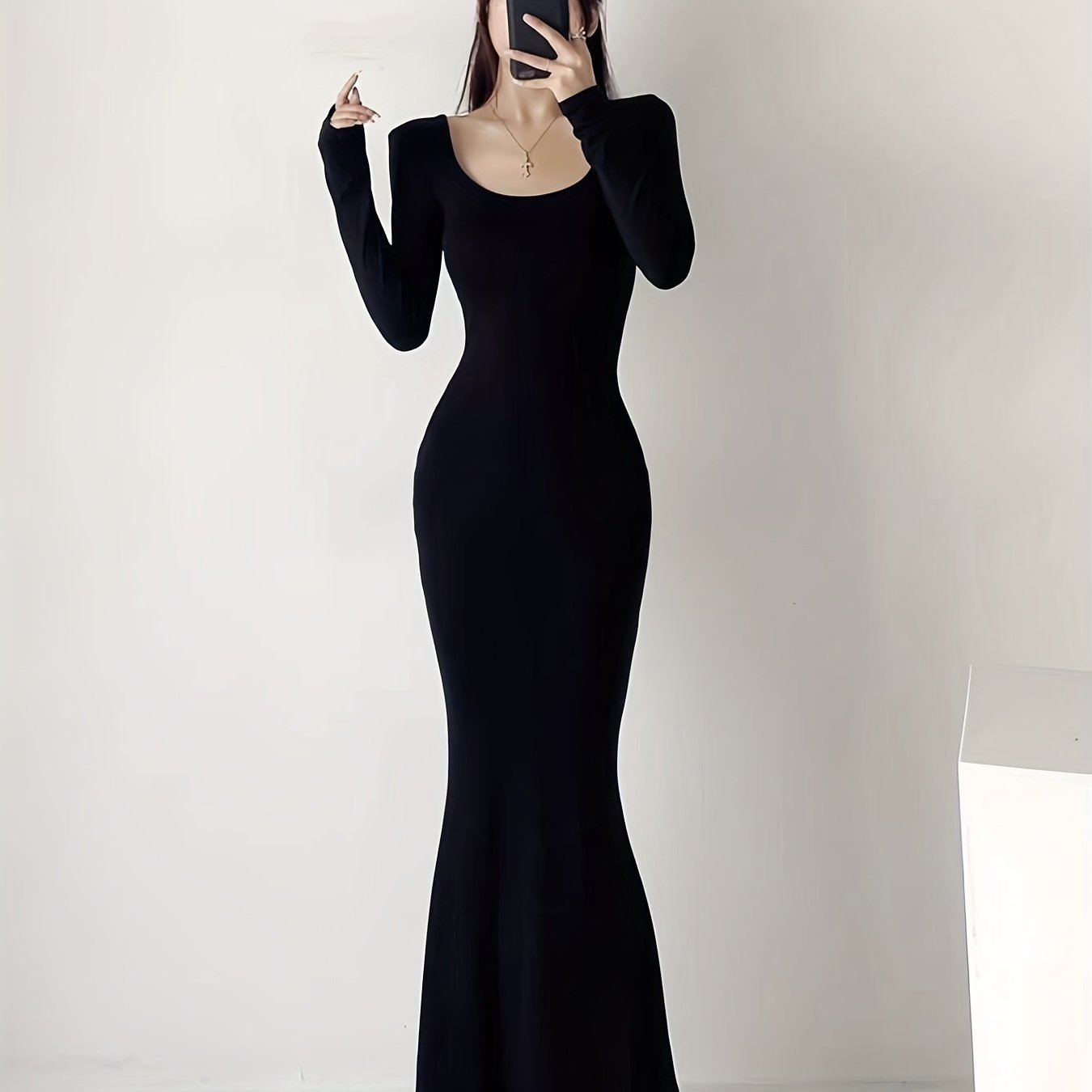 Squared Neck Solid Dress, Elegant Bodycon Long Sleeve Mermaid Hem Dress, Women's Clothing