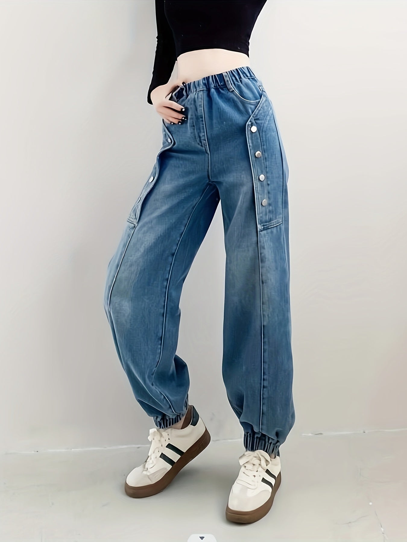 xieyinshe  Girls Trendy Button Design Jeans Everyday Comfy Loose Denim Jogger Trousers For Street Outfit