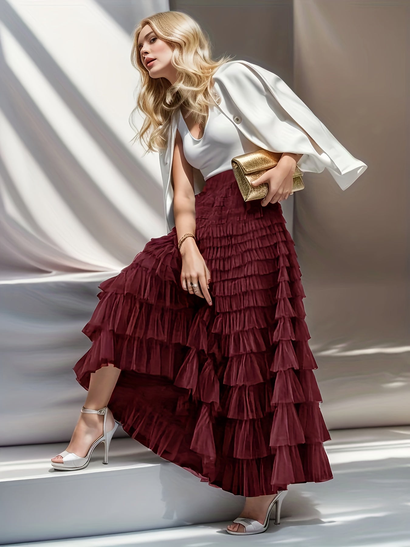 xieyinshe  Multilayer Ruffles Tulle Skirt, Casual Fluffy Skirt For Spring & Summer, Women's Clothing