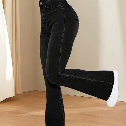 xieyinshe  Black Slant Pockets Flare Jeans, High Stretch Washed Bell Bottom Jeans, Women's Denim Jeans & Clothing