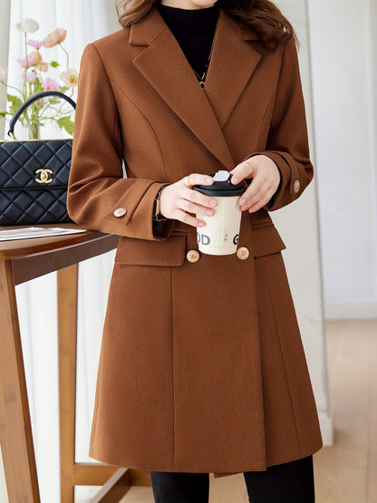 xieyinshe Solid Double Breasted Lapel Overcoat, Elegant Long Sleeve Mid Length Coat  For Fall & Winter, Women's Clothing