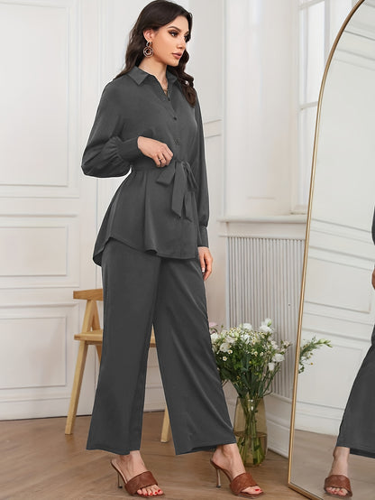 xieyinshe  Casual Solid Two-piece Set, Polo Collar Tie Waist Long Sleeve Top & Wide Leg Pants Outfits, Women's Clothing